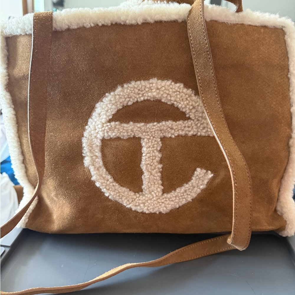 Telfar × UGG Suede-Leather Small Shopper Bag — Camel/Shearling Logo
